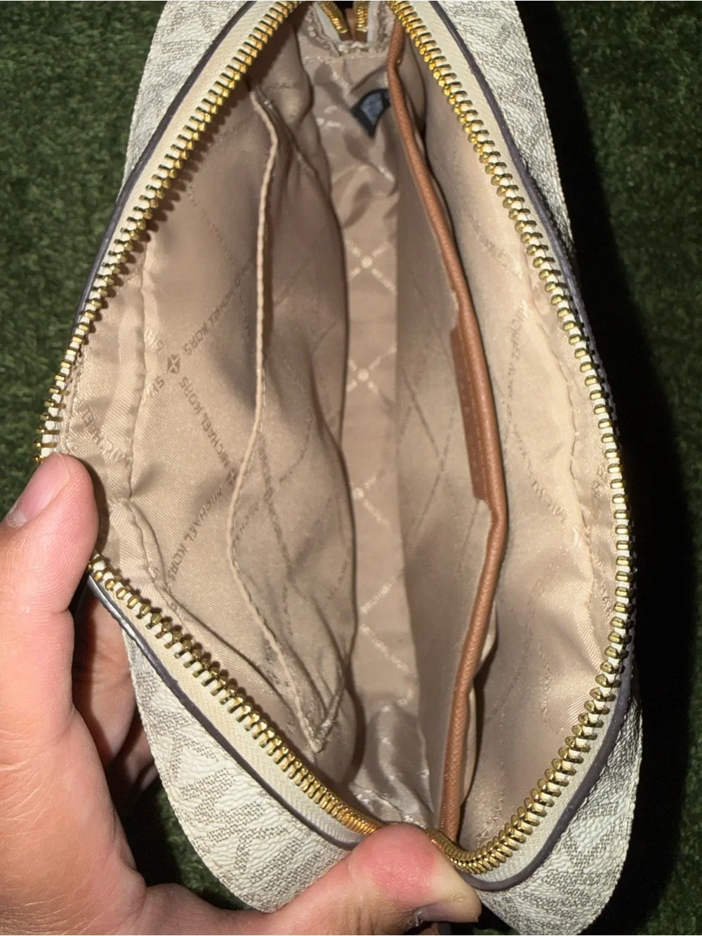 Michael Kors Beige Signature MK Crossbody with Brown Trim and Gold Chain